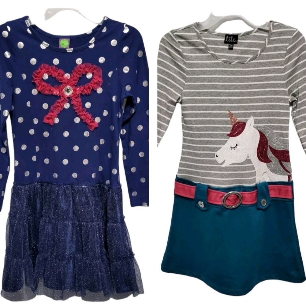 BUNDLE Girls Dress Size 10 - 12 Polka Dot Stripes Heart Unicorn